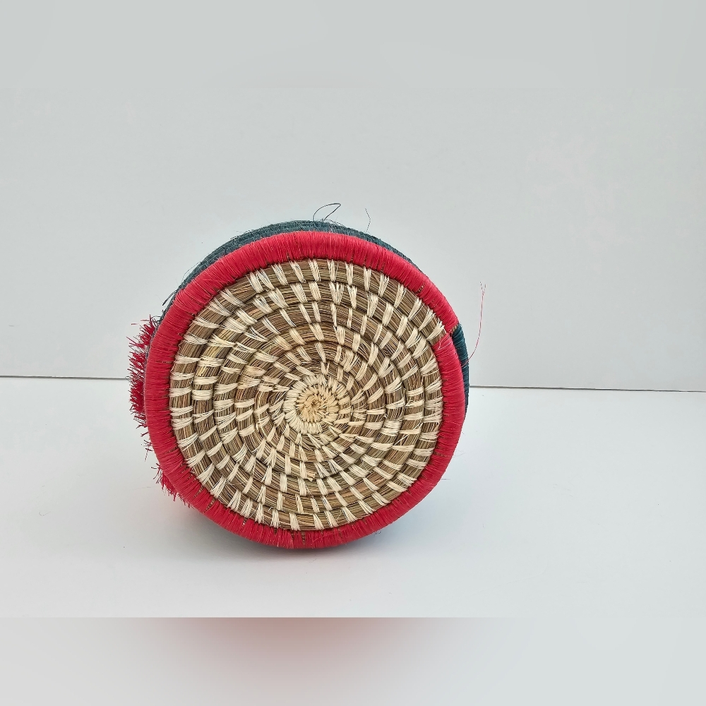Handmade Rwandan Coiled Sisal Basket Vase Teal with Layered Tassels Boho Art - Picture 5 of 6